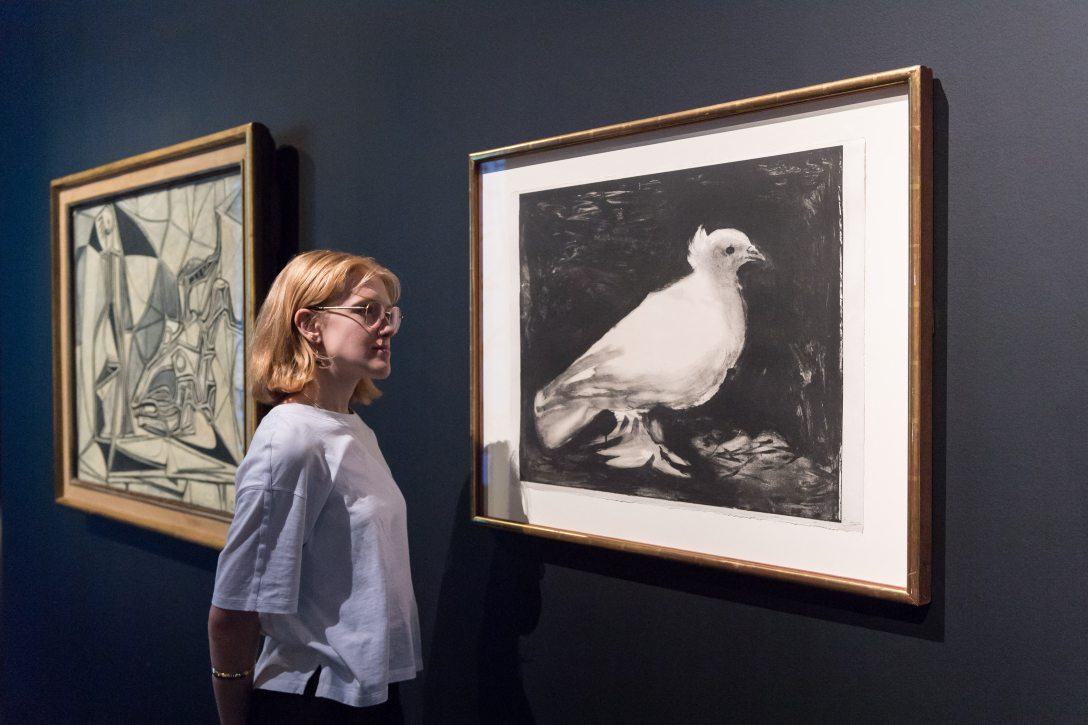 A La Colombe (A galamb) Pablo Picasso 1949-ben készült ikonikus litográfiája aa londoni Tate Modern múzeumban 2025. szeptember 15-én. Fotó: WIktor Szymanowicz / NurPhoto / NurPhoto via AFP